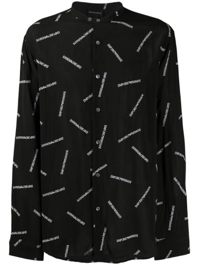 Armani Emporio Armani Logo Print Collarless Srajca Moški Črne Bele | HOF7UWIM