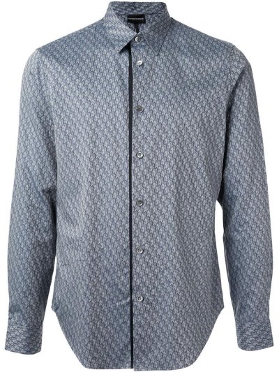 Armani Emporio Armani Long Sleeve All Over Print Srajca Moški Modre Sive | HJZNZ5DE