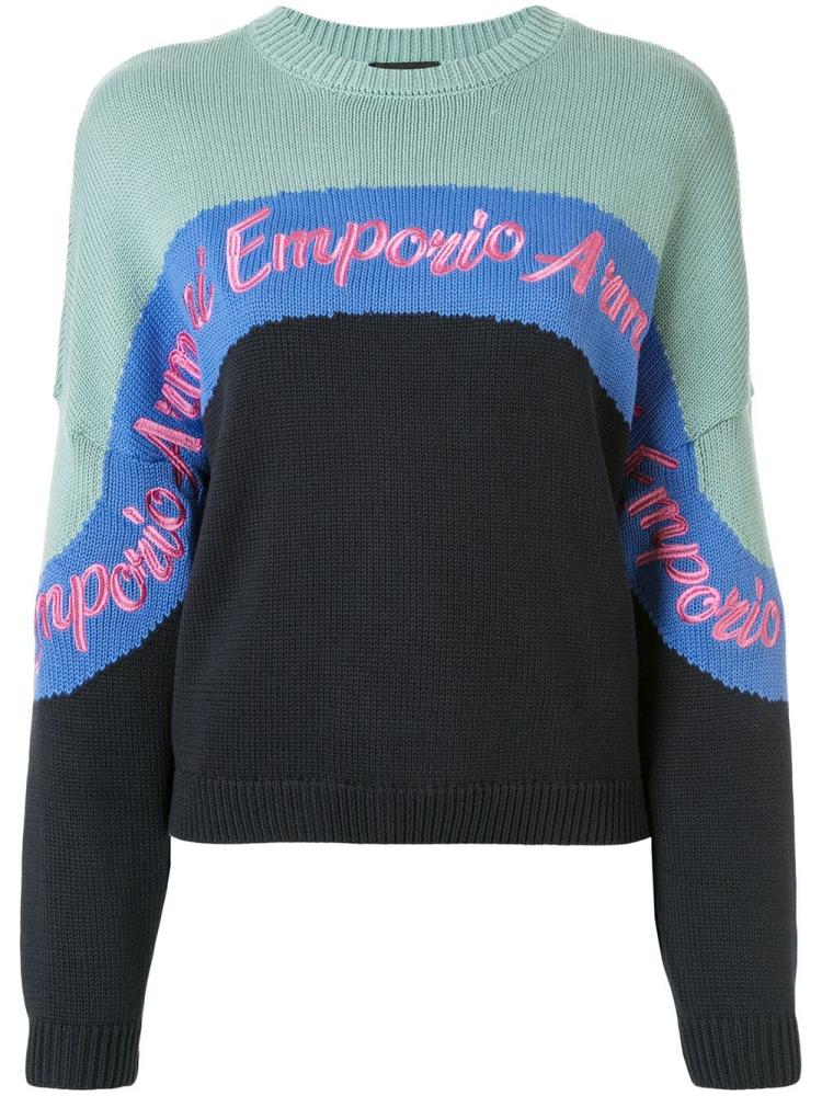 Armani Emporio Armani Colour Block Knit Logo Embroidered Skakalci Ženske Modre Zelene | 7JU6XVL6