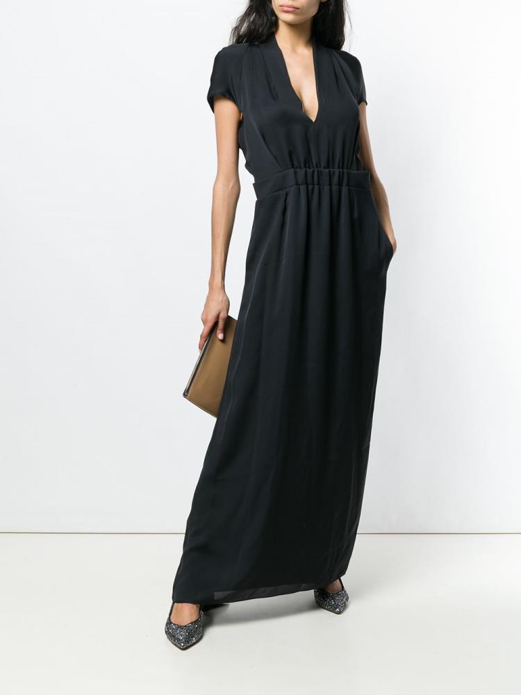 Armani Giorgio Armani V Neck Draped Maxi Obleke Ženske Črne | GTSA75PJ